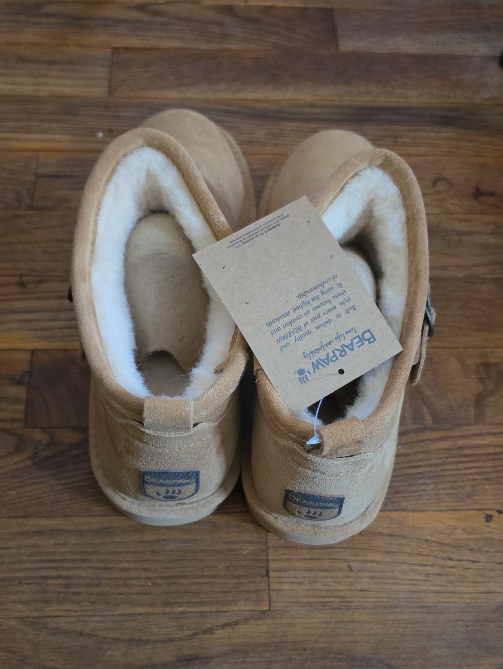 BearPaw Womens' Tan Suede Shearling Mid Boots with manual buckle enclosure